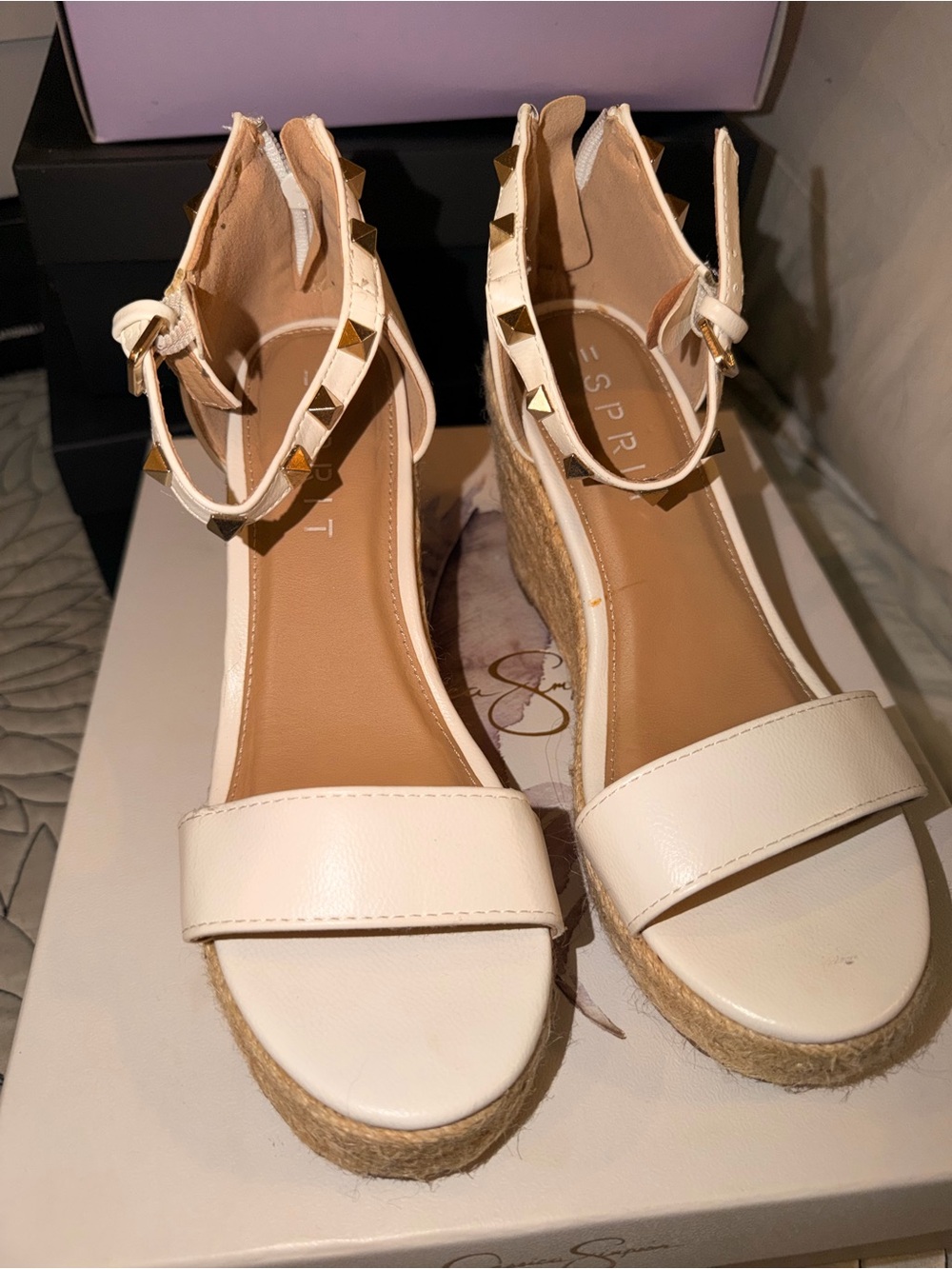 Esprit Cream Ankle-Strap Espadrille Wedges with Gold Pyramid Studs